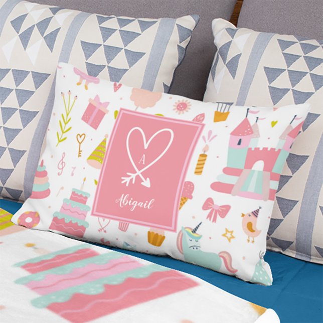 Rosa Einhorn Party Muster Mit Monogramm Girl Kinde Dekokissen (Von Creator hochgeladen)