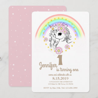 Rosa Einhorn RainBow Girl 1. Geburtstagskarte Einladung