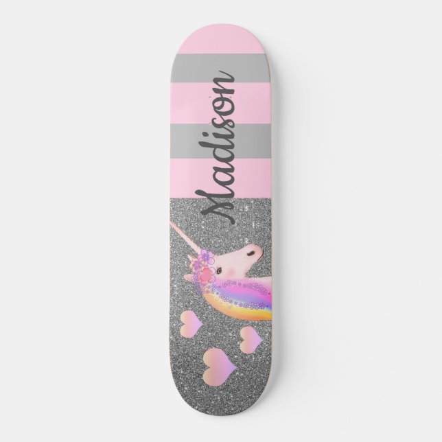 Rosa Einhorn Silver Glitzer Girls Personalisiert Skateboard (Vorderseite)