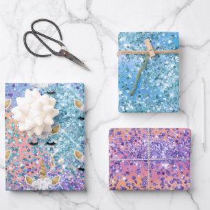 Rosa Einhorn Sparkle Lila Aqua Glitzer Confetti Geschenkpapier Set