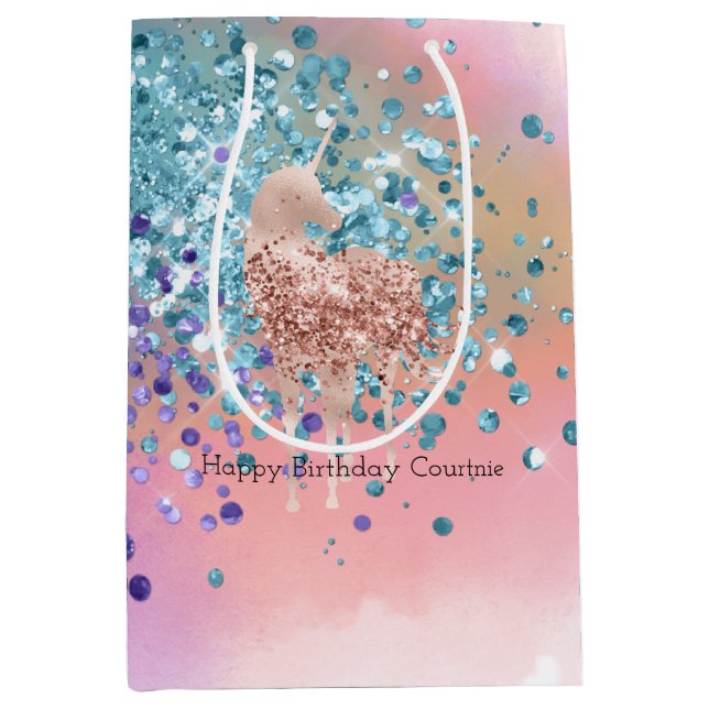 Rosa Einhorn Sparkle Lila Aqua Glitzer Confetti Mittlere Geschenktüte (Vorderseite)