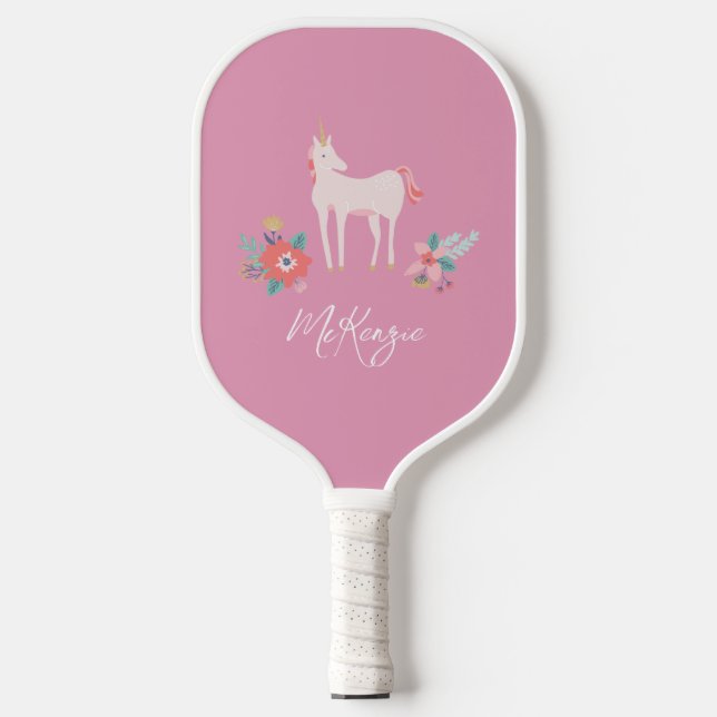 Rosa Einhorn und Personalisierter Name Pickleball Schläger (Vorderseite)