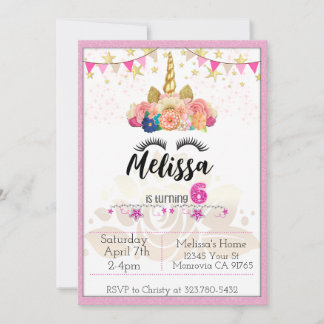 Rosa Einhorn wird 6 Geburtstagsfeier Einladung