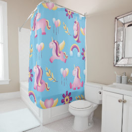 Rosa Einhörner auf blauem Duschvorhang