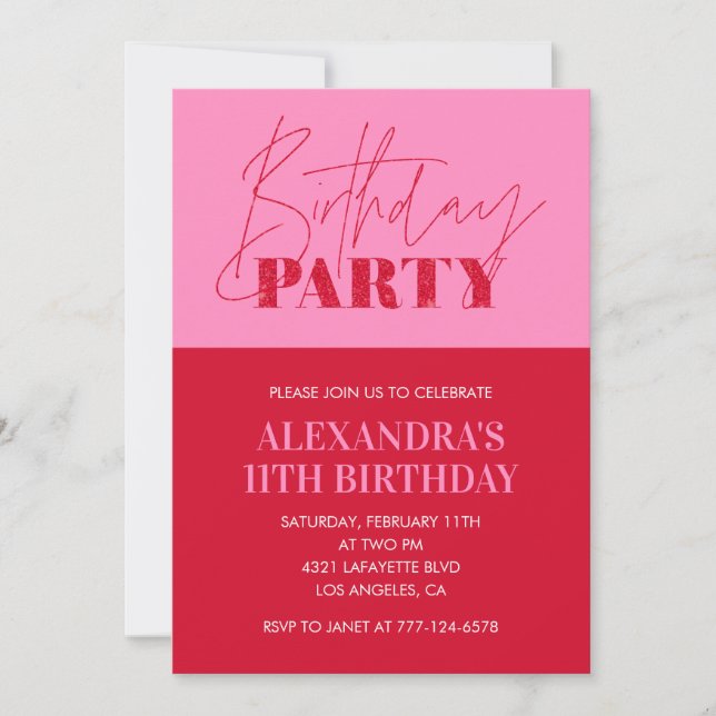 Rosa Einladung zum 11. Geburtstag Geburtstagsparty (Vorderseite)