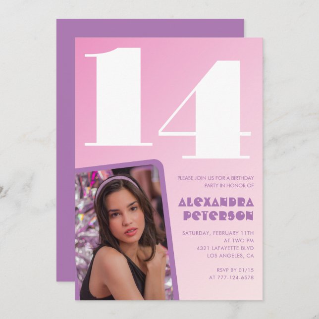 Rosa Einladung zum 14. Geburtstag Girl Retro Foto (Vorne/Hinten)