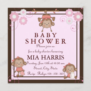 Rosa Einladung zur Babyparty mit Affen