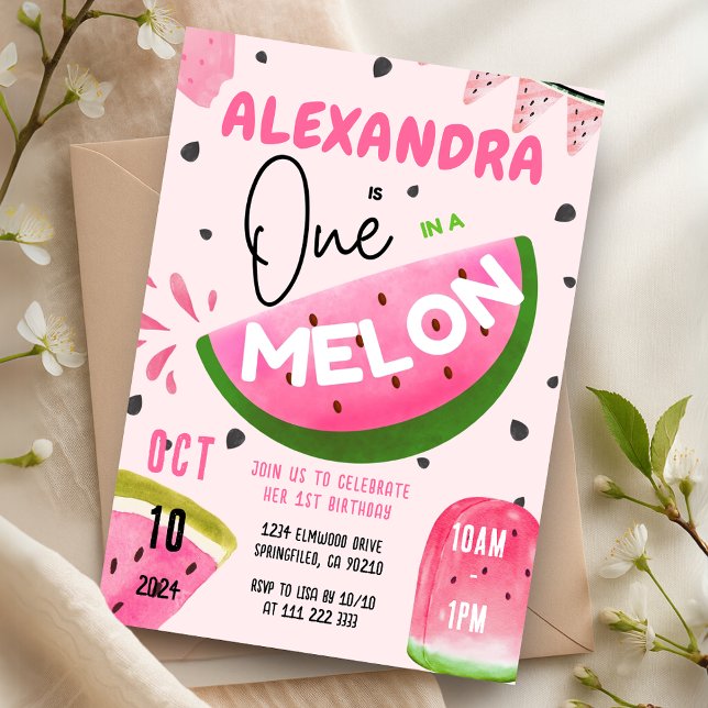 Rosa Eins in A Melone Wassermelone Einladung (Pink One in A Melon 1st Watermelon Girl Birthday Invitation)