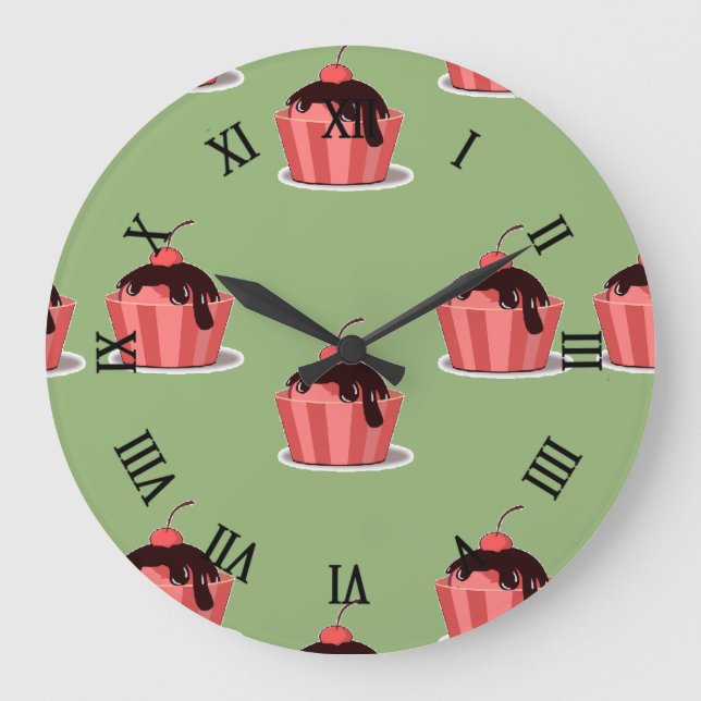 Rosa Eisbecher auf Grün Große Wanduhr (Vorderseite)
