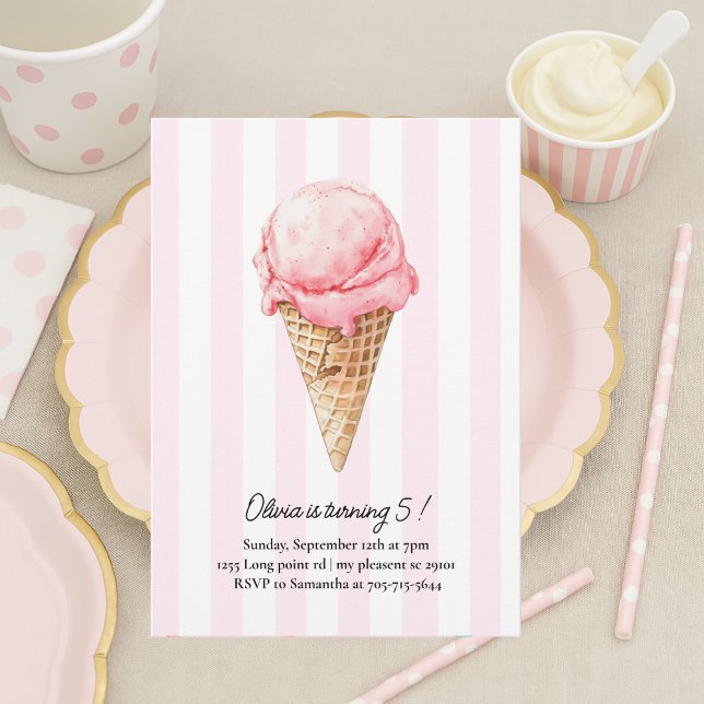 Rosa Eiscreme-Geburtstag | Bearbeitbare Sommer Einladung (Von Creator hochgeladen)