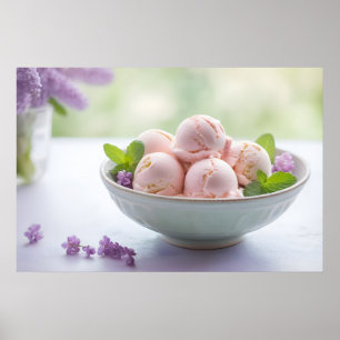 Rosa Eiscreme mit Lilac-Blume und grüner Minze Poster