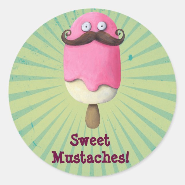 Rosa Eiscreme mit Mustaches Runder Aufkleber (Vorderseite)