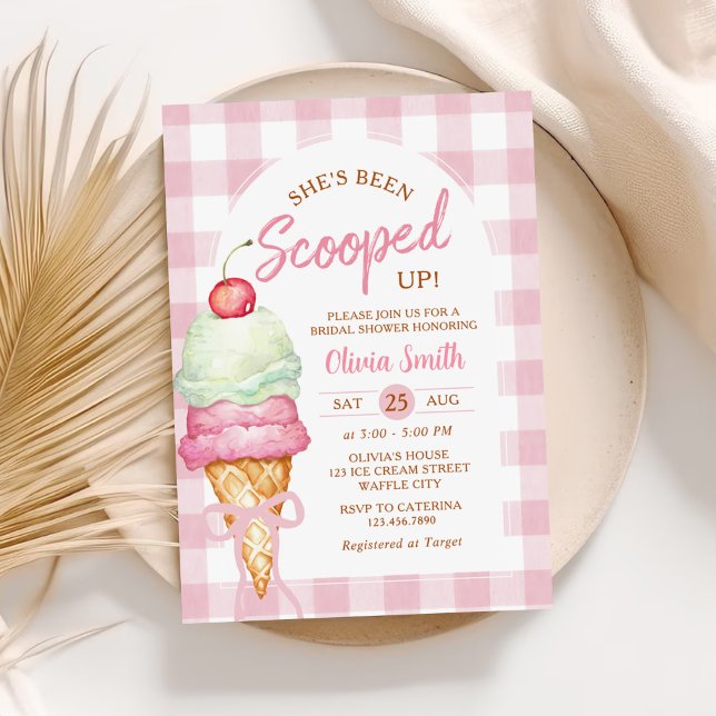 Rosa Eiscreme-Schleife-Gingham-Brautparty Einladung (Von Creator hochgeladen)