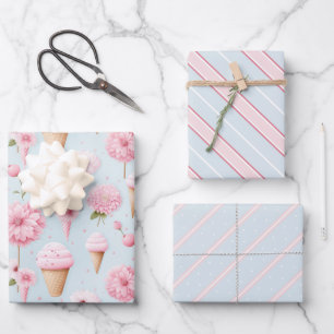 Rosa Eiscreme und Blume Geschenkpapier Set