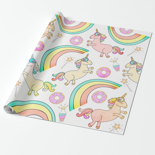 Rosa eisige Donuts, Einhörner, Zauberstäbe, Regenb Geschenkpapier (Ungerollt)