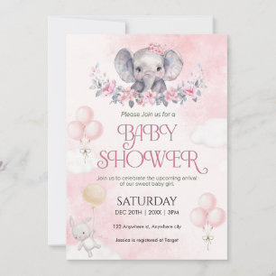 Rosa Elefant Aquarell Baby Shower für Mädchen Einladung