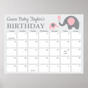 Rosa Elefant Baby Geburtstags-Vorhersage-Kalender Poster