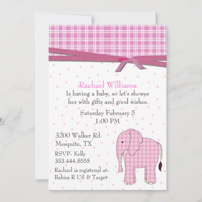 Rosa Elefant Baby Girl Dusche Einladung (Vorderseite)