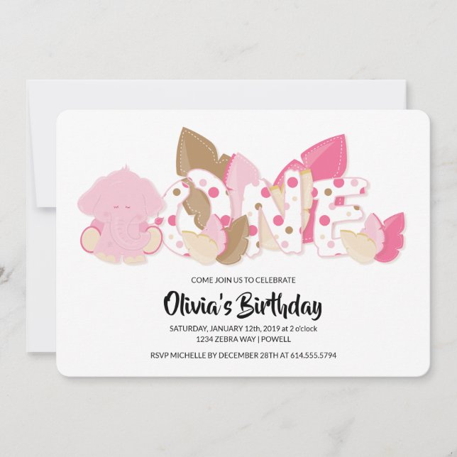 Rosa Elefant Einladung zum ersten Geburtstag (Vorderseite)