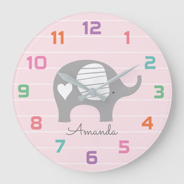 Rosa Elefant-Kinderzimmer-Dekor-Wand-Uhr Große Wanduhr (Vorderseite)