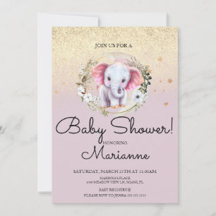 Rosa Elefant Mädchen Baby Shower Faux Gold Glitter Einladung