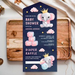 Rosa Elefant Mädchen Navy Blau Babyparty All In One Einladung