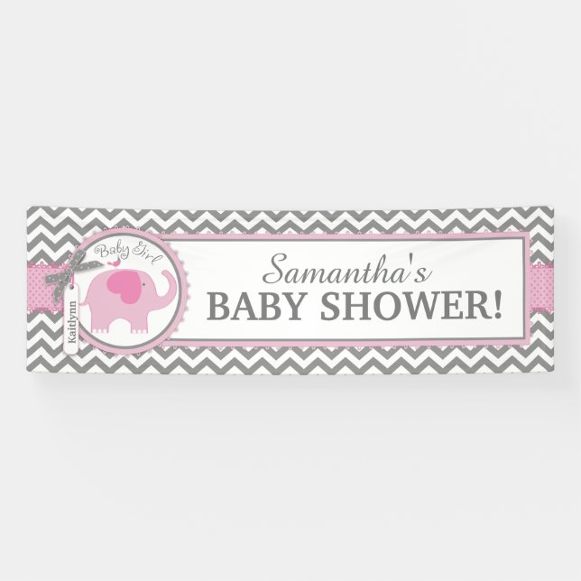 Rosa Elefant-Mädchen-Zickzack Baby-Dusche Banner (Horizontal)