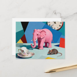 Rosa Elefant Maus Zerbrochene Teetasse Uhr Surreal Postkarte