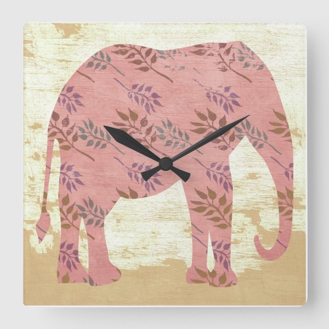 Rosa Elefant mit Blätter Quadratische Wanduhr (Vorderseite)