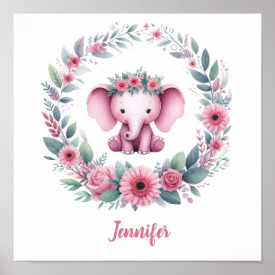 Rosa Elefant mit Blumengewinde Poster