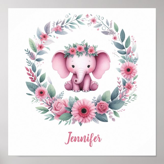 Rosa Elefant mit Blumengewinde Poster (Vorne)
