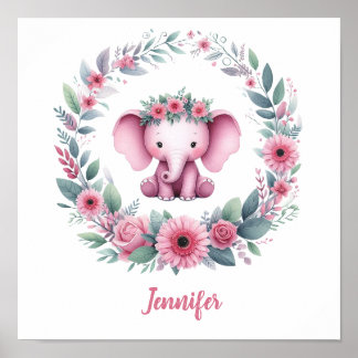 Rosa Elefant mit Blumenreath Poster