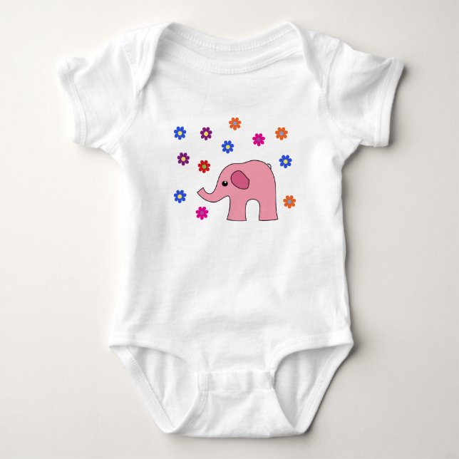 Rosa Elefant mit Rose Baby Body Strampler (Vorderseite)