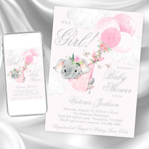 Rosa Elefanten-Ballon-Schmetterling-Baby-Party Einladung