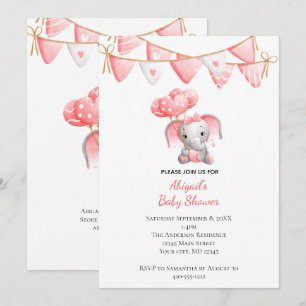 Rosa Elefanten-Balloons Baby Shower Einladung