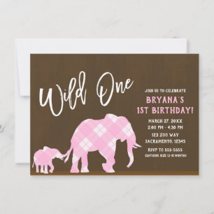 Rosa Elefanten Braun Modern WILD ONE 1. Geburtstag Einladung