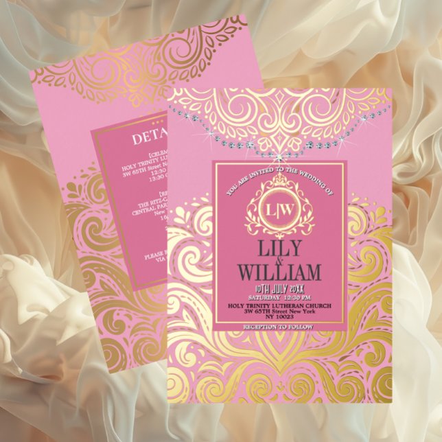 Rosa Elegant Artdeco Mongram Wedding Gold Folieneinladung (Luxurious Elegant Classic Boho Wedding Invitation - Real Foil and Monogram)