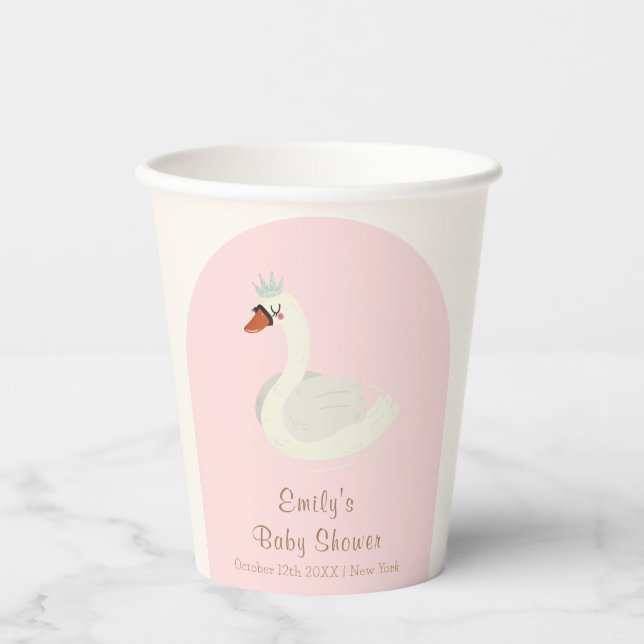 Rosa Elegant Boho Arch Princess Swan Baby Dusche Pappbecher (Vorderseite)