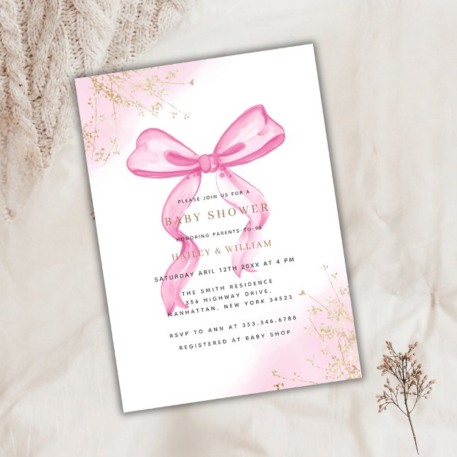 Rosa Elegant Bow Baby Dusche Einladung (Pink Elegant Bow Baby Shower Invitation)