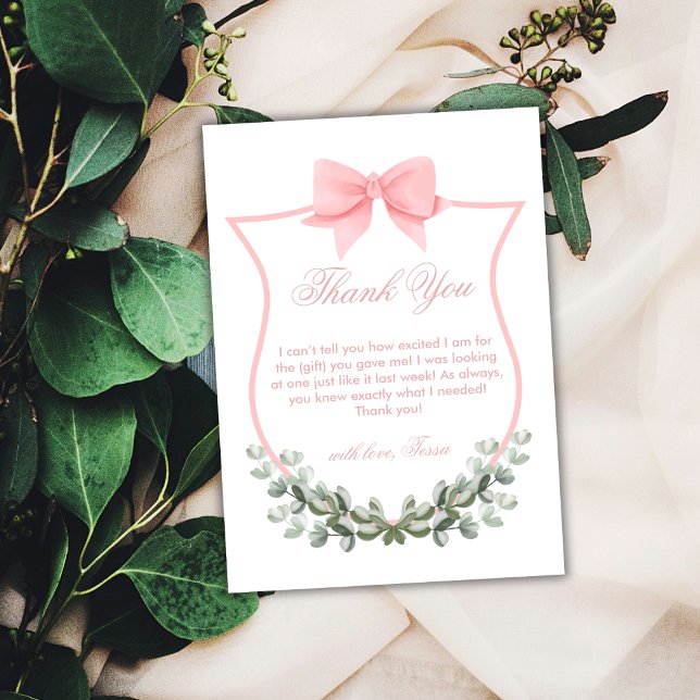 Rosa Elegant Bow Eucalyptus Wappen Babydusche Dankeskarte (Pink Elegant Bow Eucalyptus Crest Baby Shower Thank You Card)