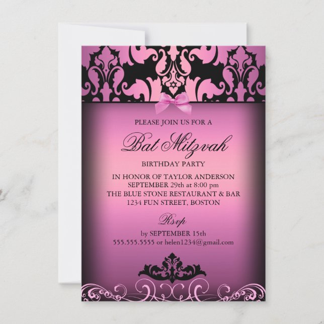 Rosa Elegant Damask Bat Mitzvah Party Einladung (Vorderseite)