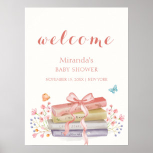 Rosa Elegant Floral Bow Book Baby Dusche Willkomme Poster