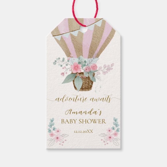 Rosa Elegant Floral Hot Air Ballon Babydusche Geschenkanhänger (Vorderseite)