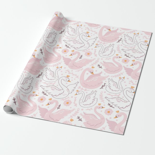 Rosa Elegant Floral Swan Geschenkpapier (Ungerollt)