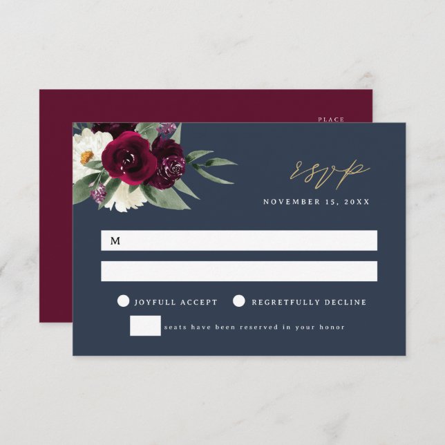 ROSA Elegant Navy & Burgundy Wedding RSVP Card Einladung (Vorne/Hinten)