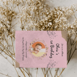 Rosa Elegant Niedlich 1. Geburtstag Party Einladung