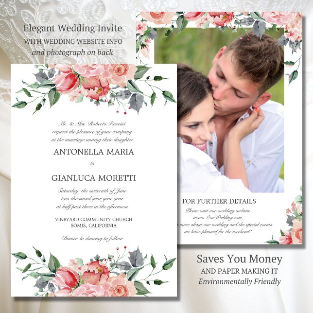 Rosa Elegante Alles in einer Hochzeit Einladung mi (Pink floral wedding invite with wedding website information and photo on back)