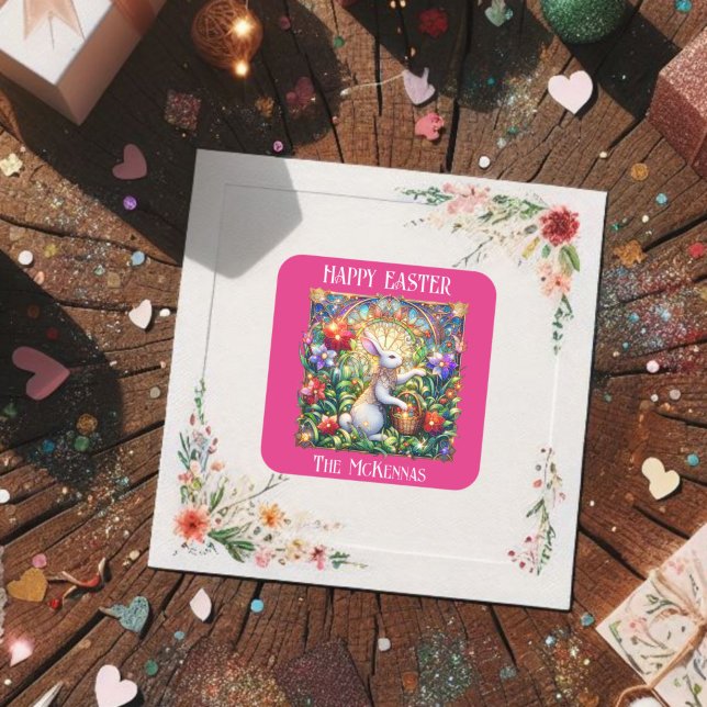 Rosa Elegante Art Nouveau Bunny Garden Ostern Quadratischer Aufkleber (Von Creator hochgeladen)