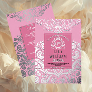 Rosa elegante Artdeco-Diamant-Monogramm-Hochzeit Folieneinladung
