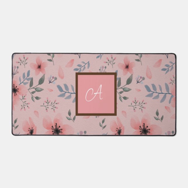 Rosa Elegante Blume Boho Monogram Desk Mat Schreibtischunterlage (Vorderseite)